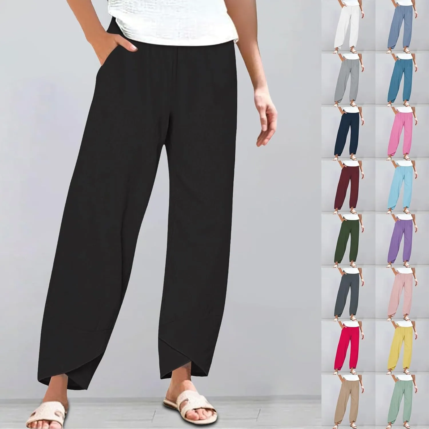 Women Linen Pants 2025 Summer Casual Capri Pants Plus Size Lightweight High Waist Baggy Palazzo Trousers with Pockets