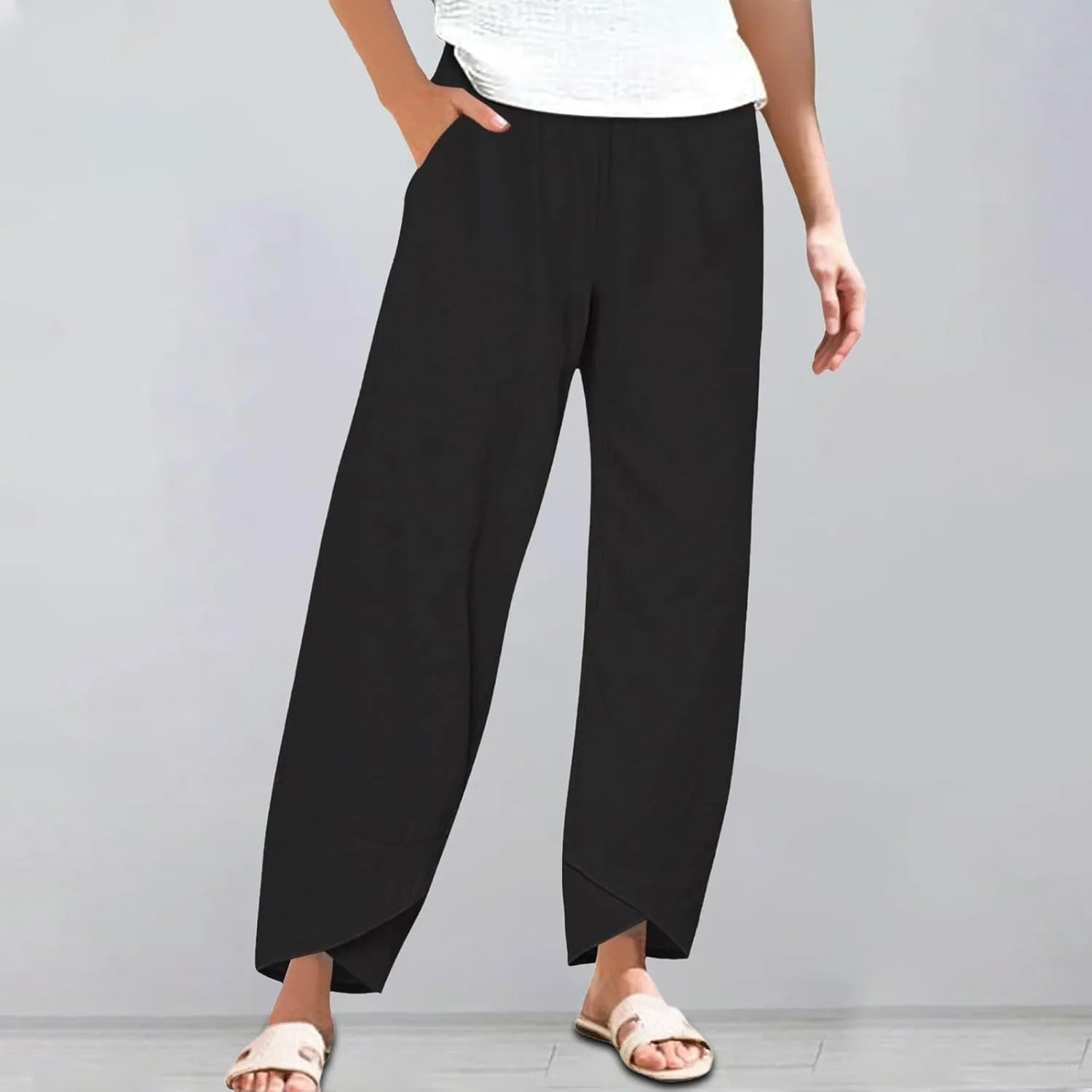 Women Linen Pants 2025 Summer Casual Capri Pants Plus Size Lightweight High Waist Baggy Palazzo Trousers with Pockets
