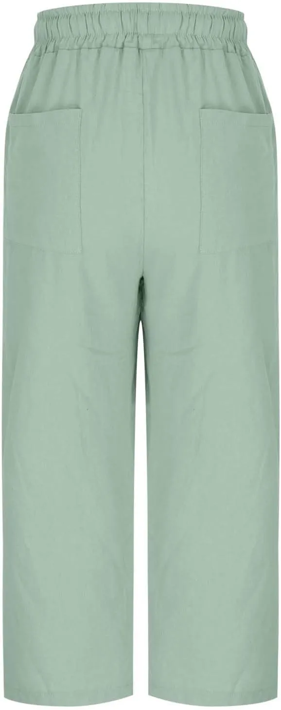 Women Linen Pants 2025 Summer Casual Loose Wide Leg Palazzo Pants Pockets Smocked High Waist Trousers Capris