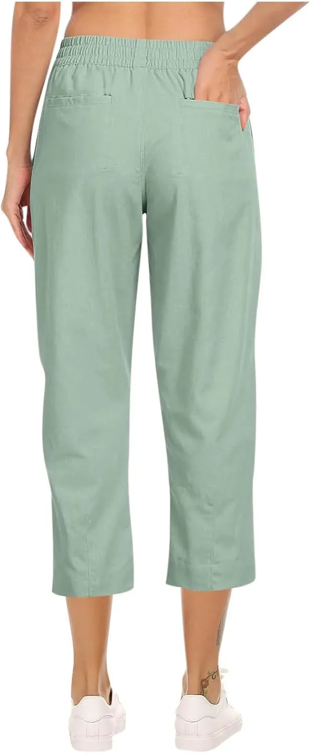 Women Linen Pants 2025 Summer Casual Loose Wide Leg Palazzo Pants Pockets Smocked High Waist Trousers Capris