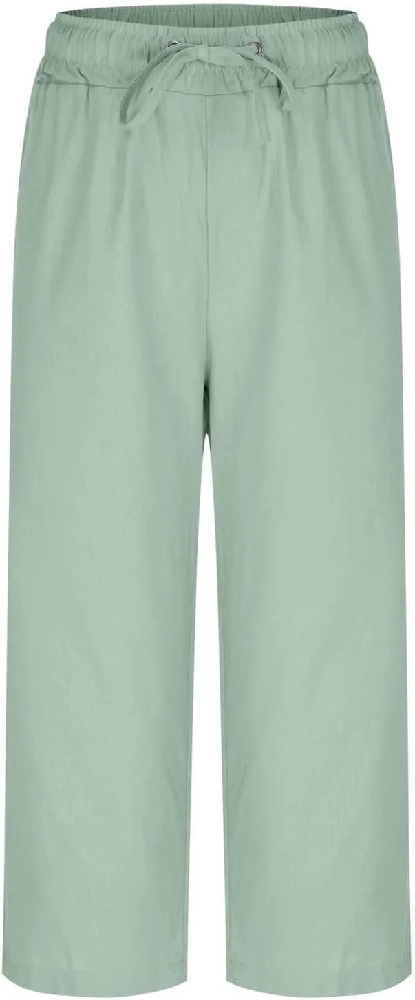 Women Linen Pants 2025 Summer Casual Loose Wide Leg Palazzo Pants Pockets Smocked High Waist Trousers Capris