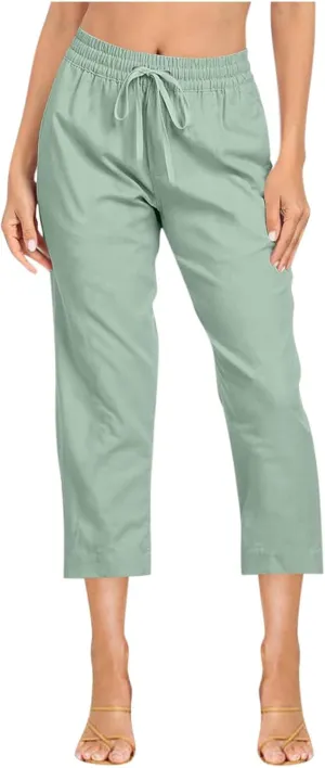Women Linen Pants 2025 Summer Casual Loose Wide Leg Palazzo Pants Pockets Smocked High Waist Trousers Capris