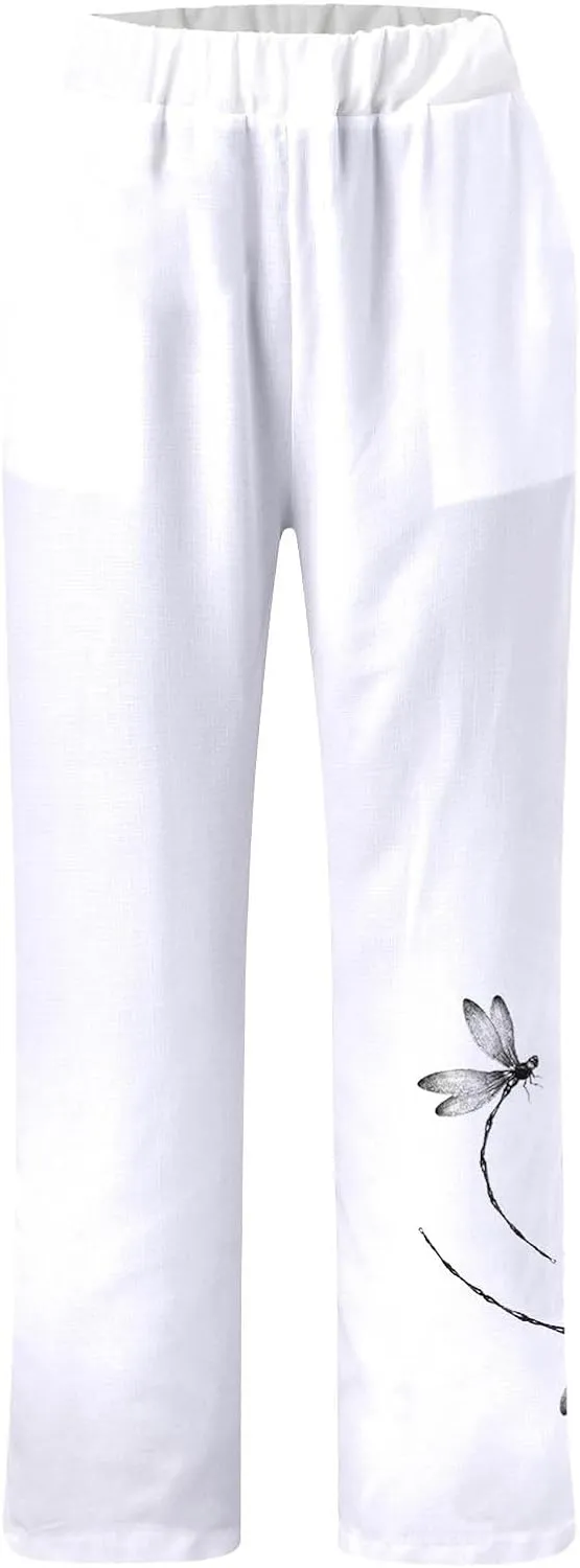 Women Linen Pants Baggy Casual Summer Boho Straight Leg High Waist Solid Color Linen Pants Elastic Waist Streetwear Trousers