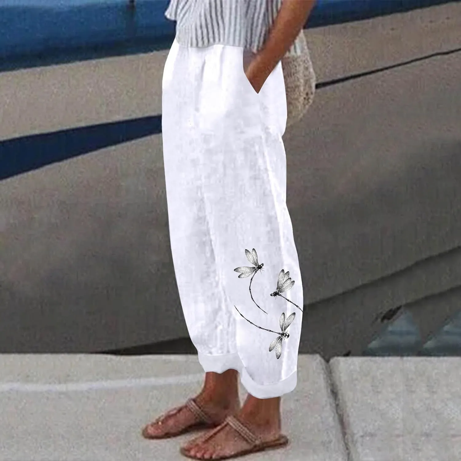 Women Linen Pants Baggy Casual Summer Boho Straight Leg High Waist Solid Color Linen Pants Elastic Waist Streetwear Trousers
