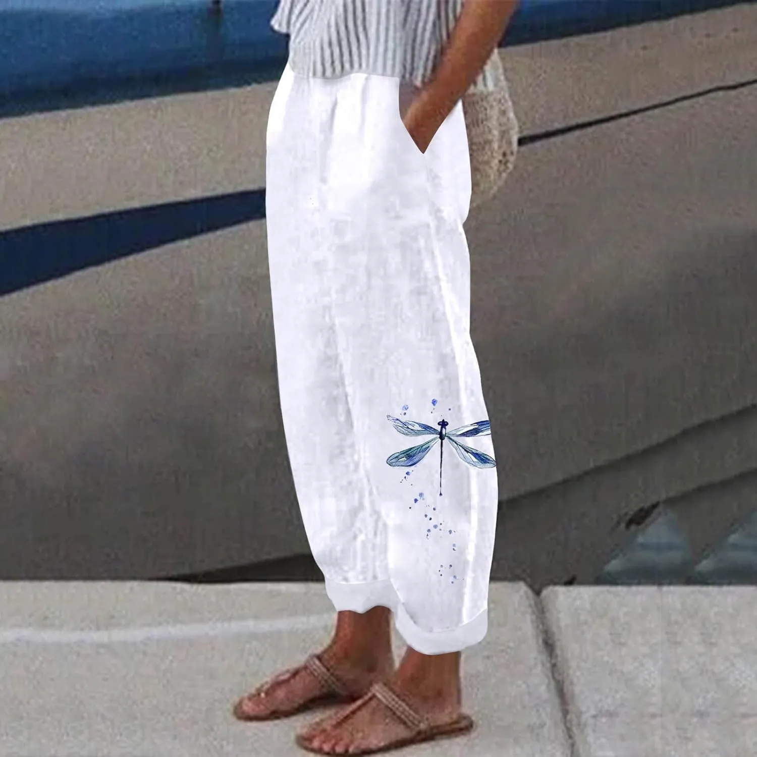 Women Linen Pants Baggy Casual Summer Boho Straight Leg High Waist Solid Color Linen Pants Elastic Waist Streetwear Trousers