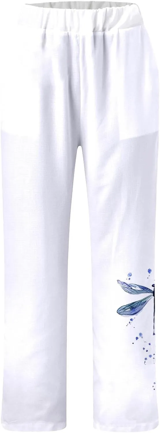 Women Linen Pants Baggy Casual Summer Boho Straight Leg High Waist Solid Color Linen Pants Elastic Waist Streetwear Trousers
