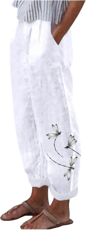 Women Linen Pants Baggy Casual Summer Boho Straight Leg High Waist Solid Color Linen Pants Elastic Waist Streetwear Trousers