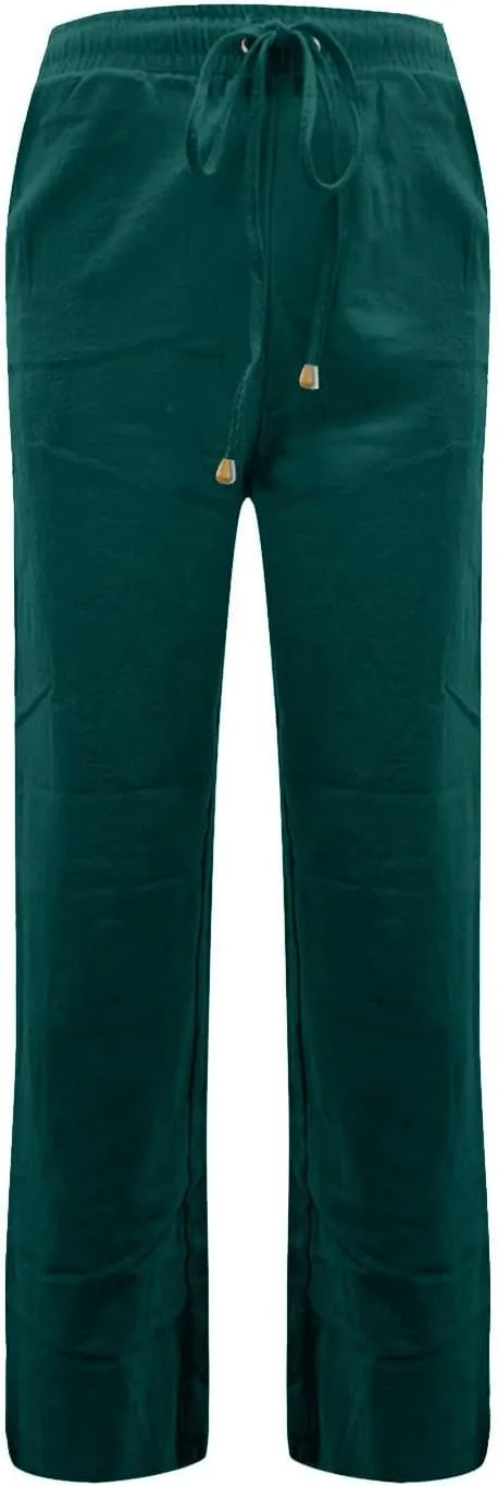 Women Linen Pants Casual Drawstring High Waisted Boho Palazzo Pants Lightweight Loose Summer Pants with Pockets