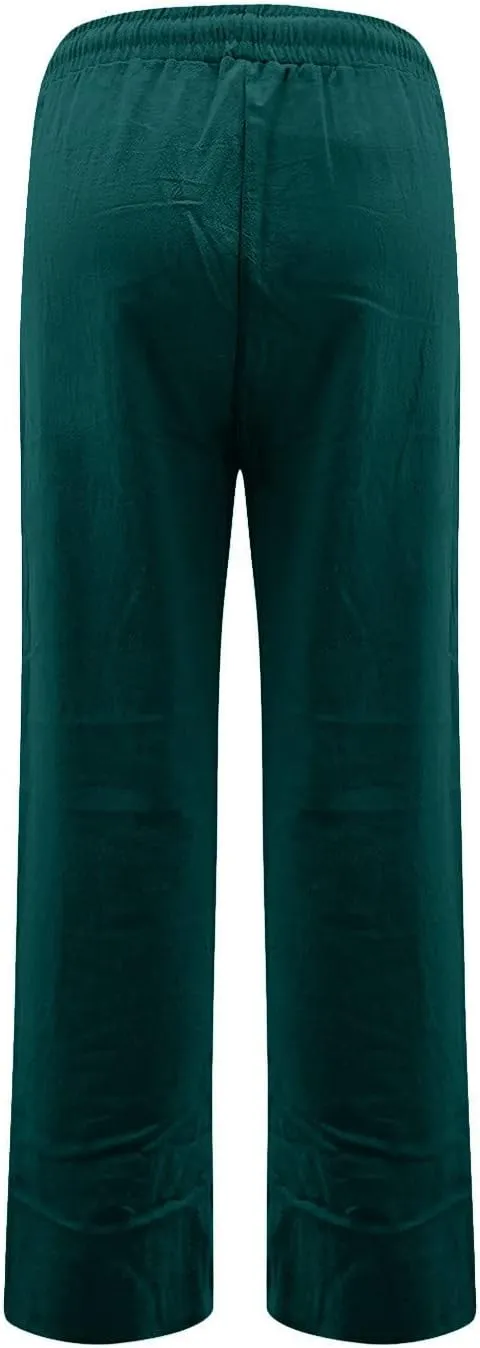 Women Linen Pants Casual Drawstring High Waisted Boho Palazzo Pants Lightweight Loose Summer Pants with Pockets