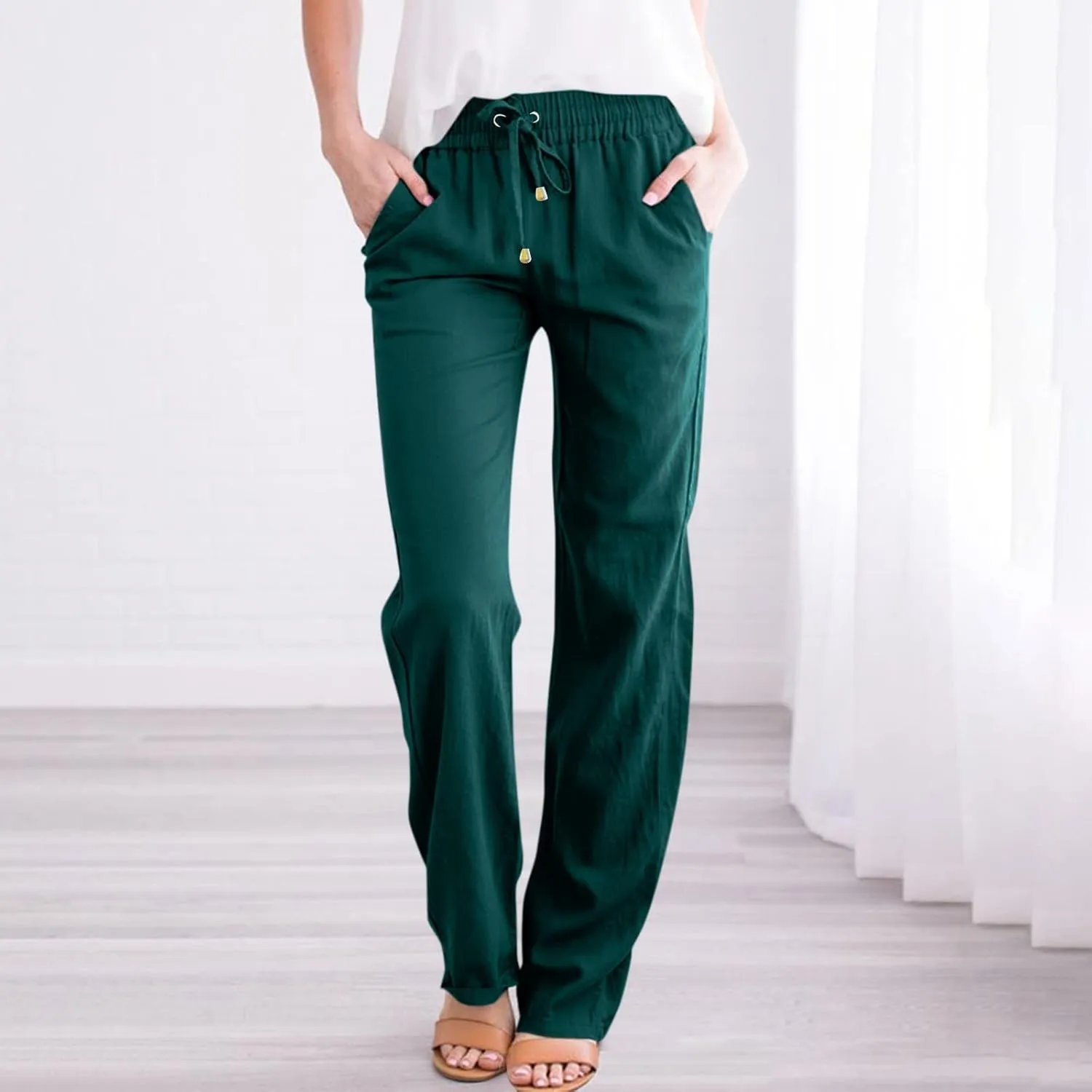 Women Linen Pants Casual Drawstring High Waisted Boho Palazzo Pants Lightweight Loose Summer Pants with Pockets