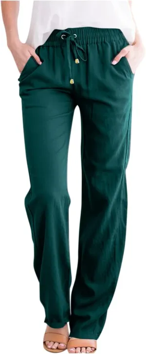 Women Linen Pants Casual Drawstring High Waisted Boho Palazzo Pants Lightweight Loose Summer Pants with Pockets