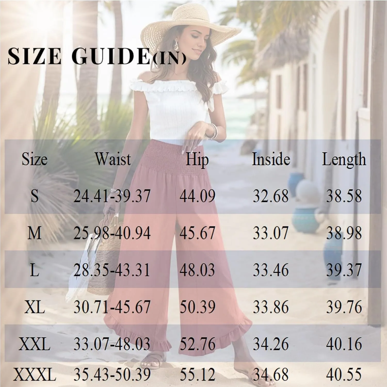 Women Linen Pants Wide Leg Smocked Waist Ruffle Hem Palazzo Pant Summer Boho Flowy Beach Trousers with Pockets