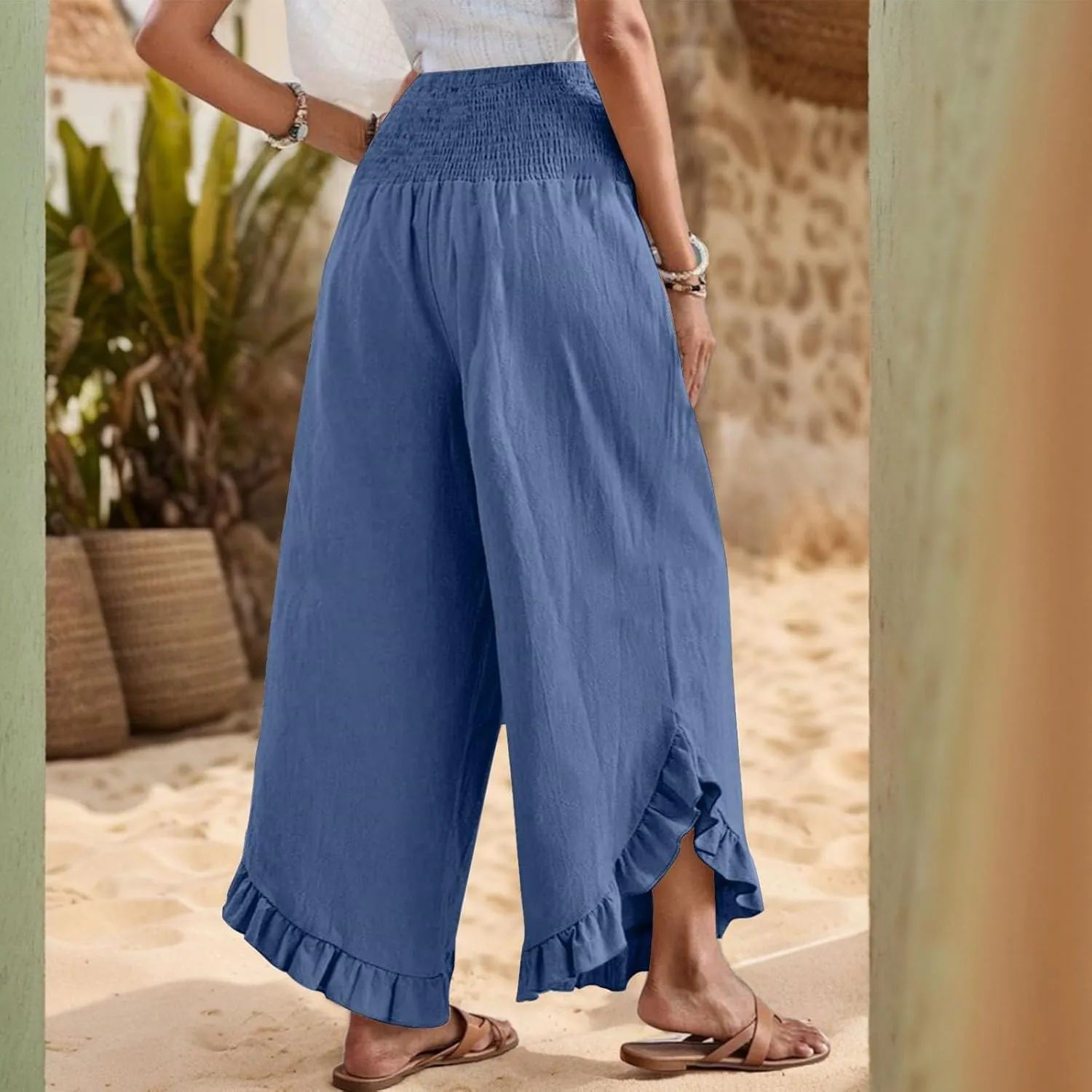 Women Linen Pants Wide Leg Smocked Waist Ruffle Hem Palazzo Pant Summer Boho Flowy Beach Trousers with Pockets