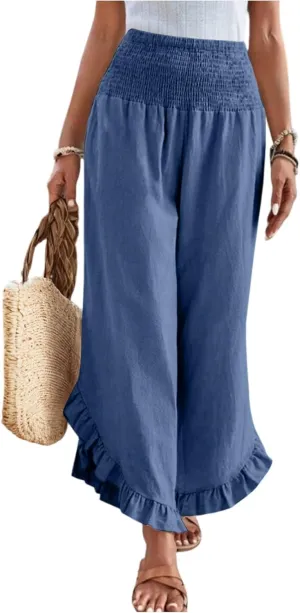 Women Linen Pants Wide Leg Smocked Waist Ruffle Hem Palazzo Pant Summer Boho Flowy Beach Trousers with Pockets