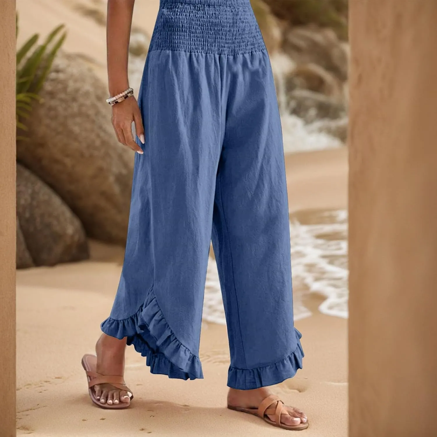 Women Linen Pants Wide Leg Smocked Waist Ruffle Hem Palazzo Pant Summer Boho Flowy Beach Trousers with Pockets