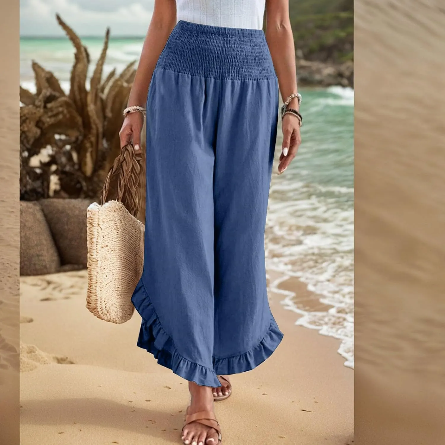 Women Linen Pants Wide Leg Smocked Waist Ruffle Hem Palazzo Pant Summer Boho Flowy Beach Trousers with Pockets