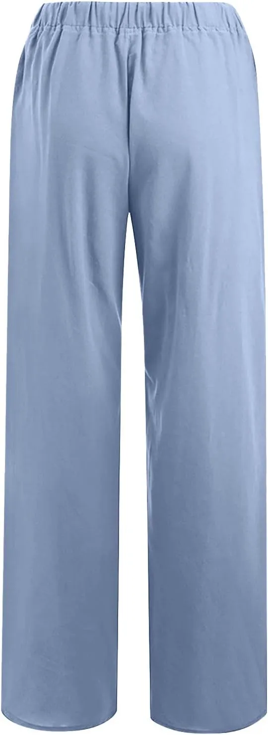 Women Long Linen Pants Casual Loose High Waist Drawstring Wide Leg Palazzo Pants Trousers with Pockets Baggy Slacks