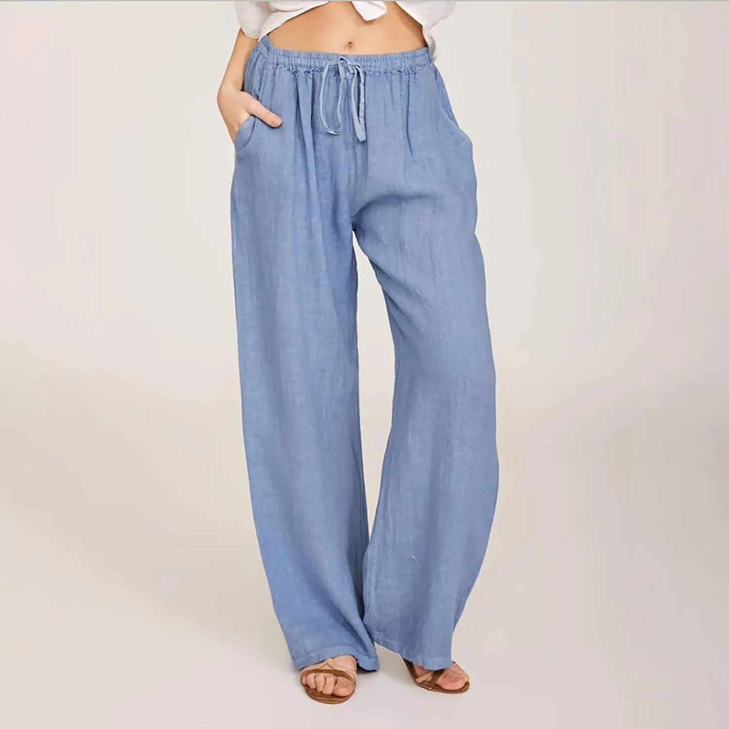 Women Long Linen Pants Casual Loose High Waist Drawstring Wide Leg Palazzo Pants Trousers with Pockets Baggy Slacks