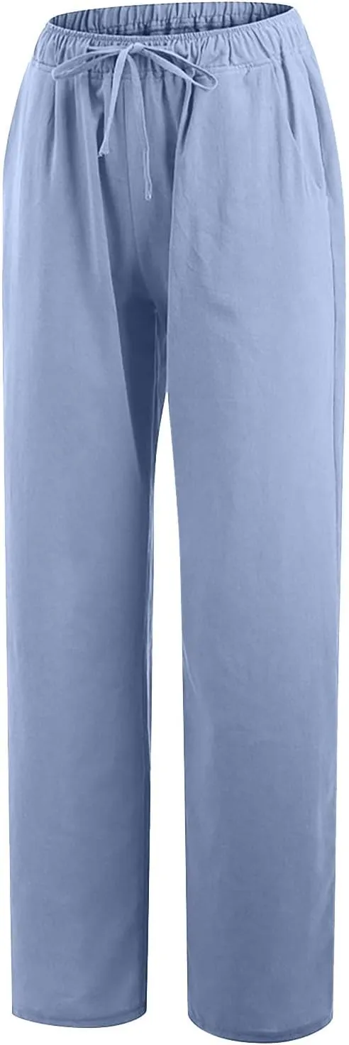 Women Long Linen Pants Casual Loose High Waist Drawstring Wide Leg Palazzo Pants Trousers with Pockets Baggy Slacks