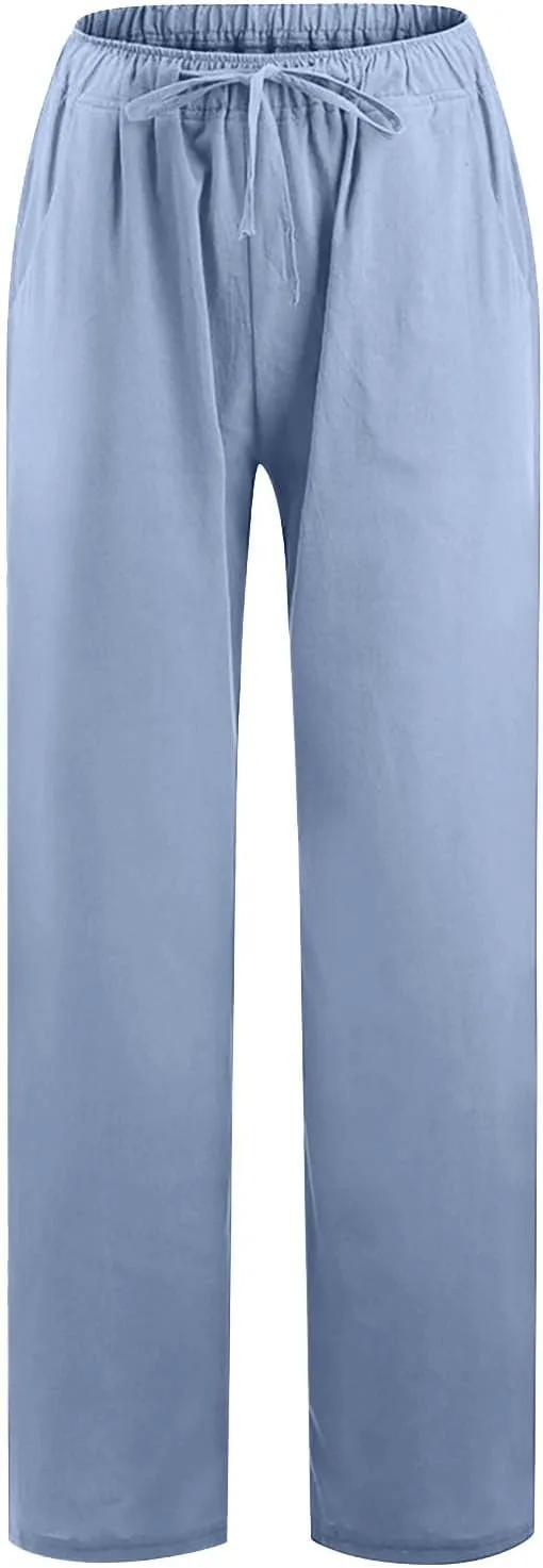 Women Long Linen Pants Casual Loose High Waist Drawstring Wide Leg Palazzo Pants Trousers with Pockets Baggy Slacks