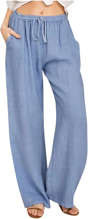 Women Long Linen Pants Casual Loose High Waist Drawstring Wide Leg Palazzo Pants Trousers with Pockets Baggy Slacks