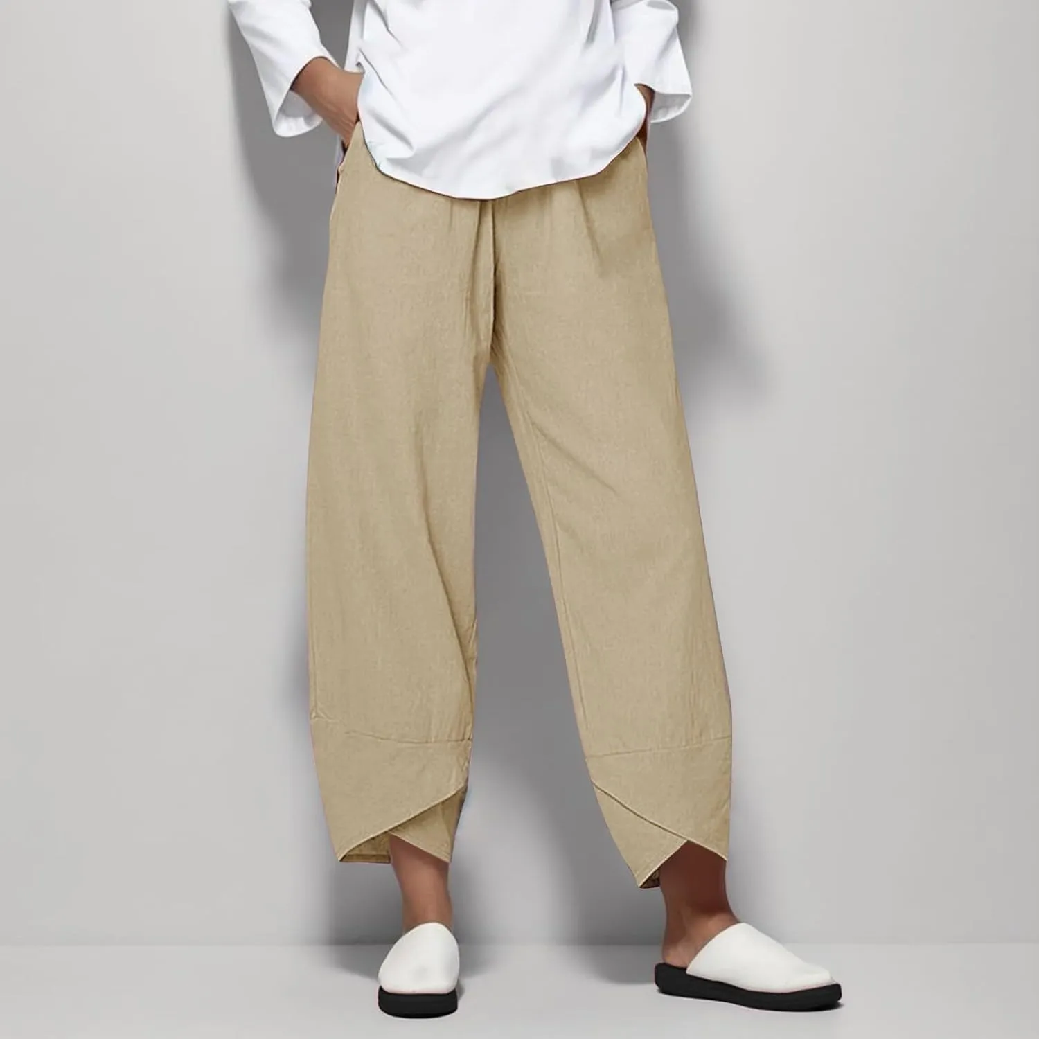 Women Loose Straight Casual Pants Cotton&Linen Pant with Irregular Legs Summer High Waist Trousers for Vacation Travel