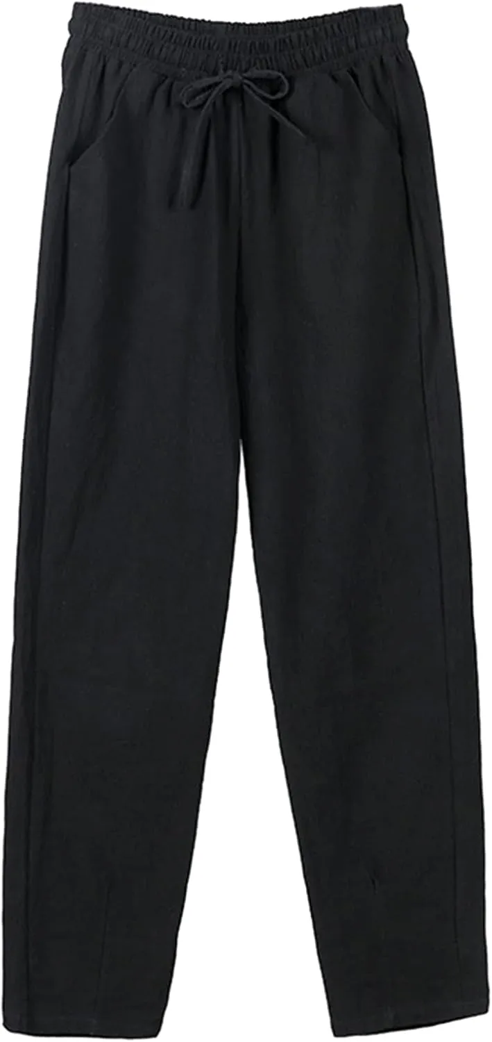Women Loose Straight Casual Pants Cotton&Linen Pant with Pockets Summer High Waist Trousers for Vacation Travel