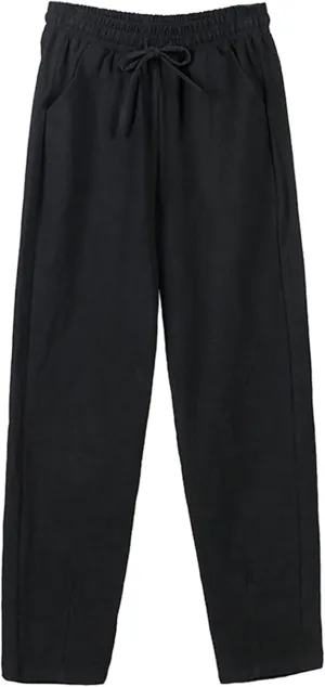 Women Loose Straight Casual Pants Cotton&Linen Pant with Pockets Summer High Waist Trousers for Vacation Travel