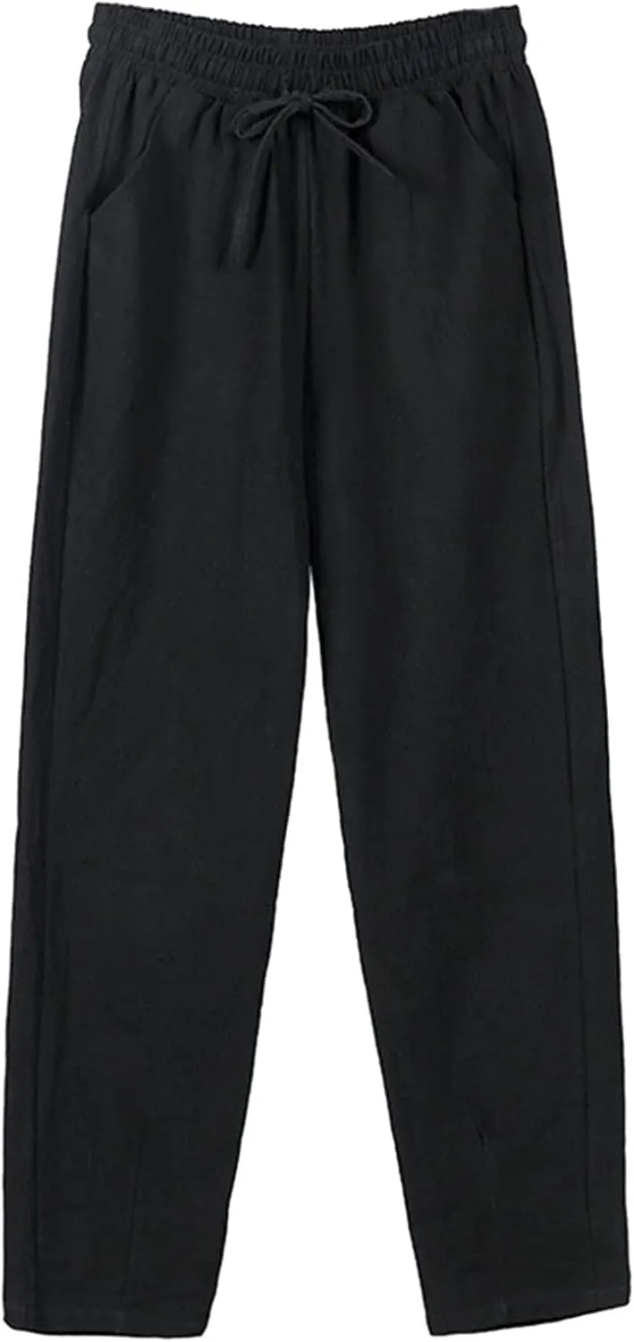 Women Loose Straight Casual Pants Cotton&Linen Pant with Pockets Summer High Waist Trousers for Vacation Travel