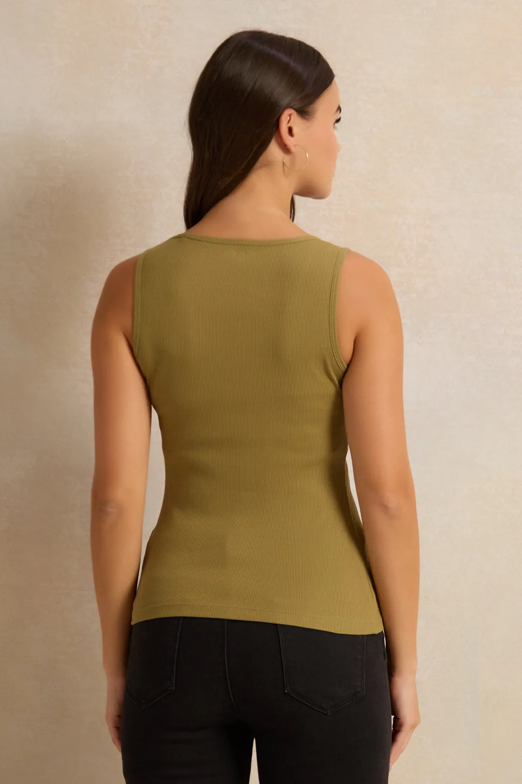 Women Olive Plain Sleeveless Vest