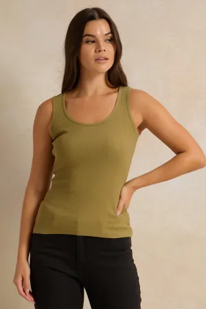 Women Olive Plain Sleeveless Vest