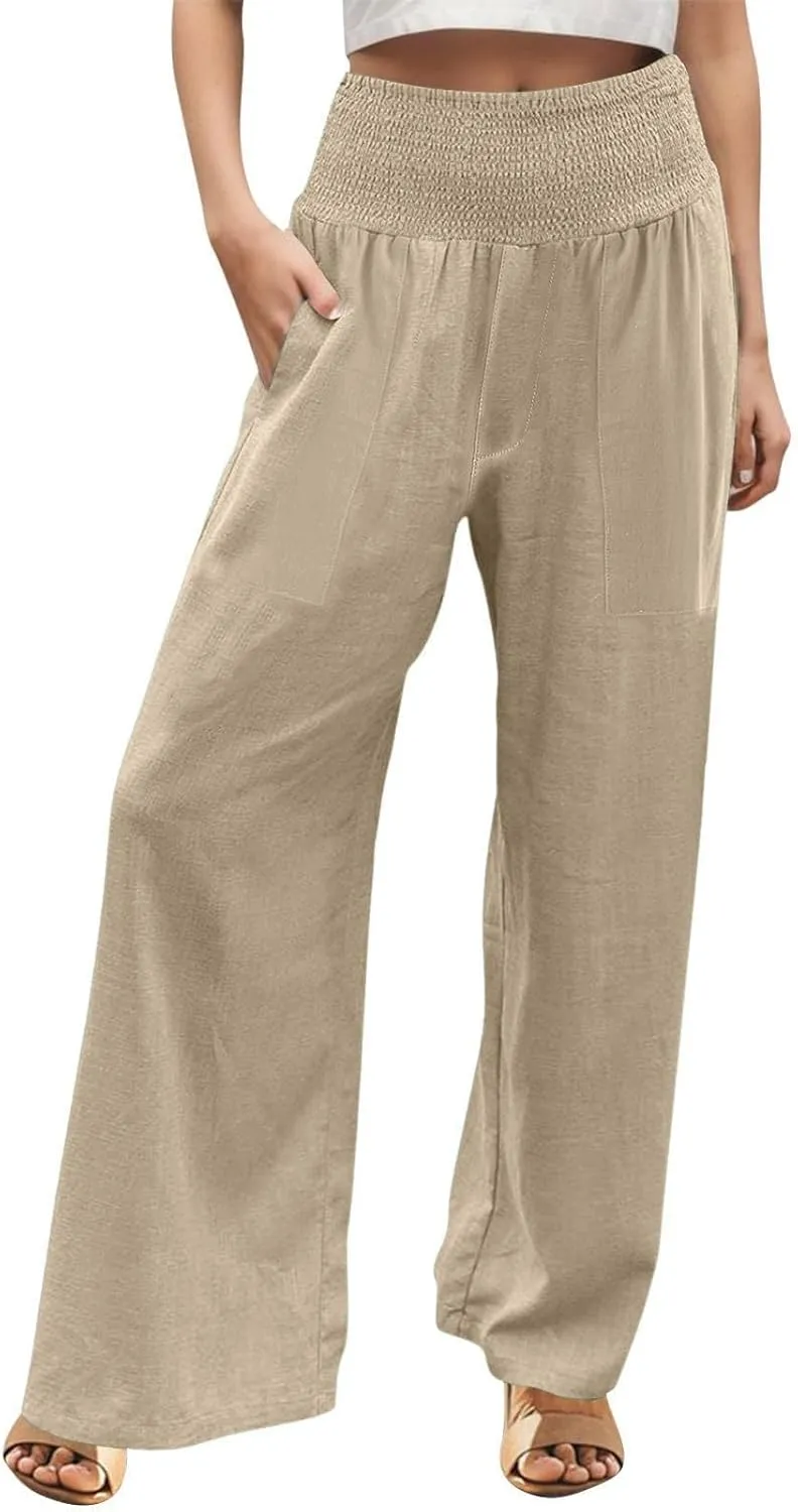 Women Palazzo Linen Pants Smocked High Waisted Wide Leg Pants Casual Summer Beach Pants Lounge Trousers with Pockets