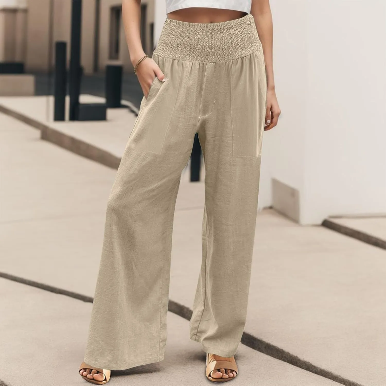 Women Palazzo Linen Pants Smocked High Waisted Wide Leg Pants Casual Summer Beach Pants Lounge Trousers with Pockets