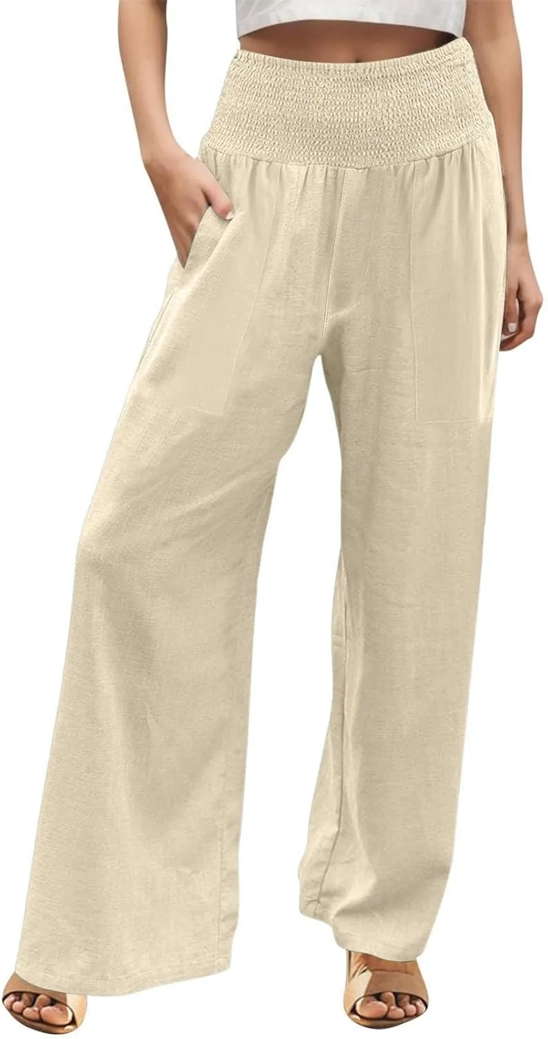 Women Palazzo Linen Pants Smocked High Waisted Wide Leg Pants Casual Summer Beach Pants Lounge Trousers with Pockets