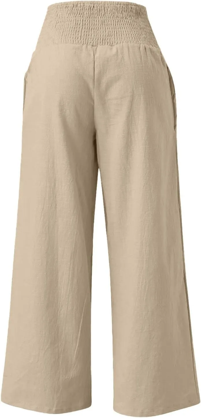 Women Palazzo Linen Pants Smocked High Waisted Wide Leg Pants Casual Summer Beach Pants Lounge Trousers with Pockets