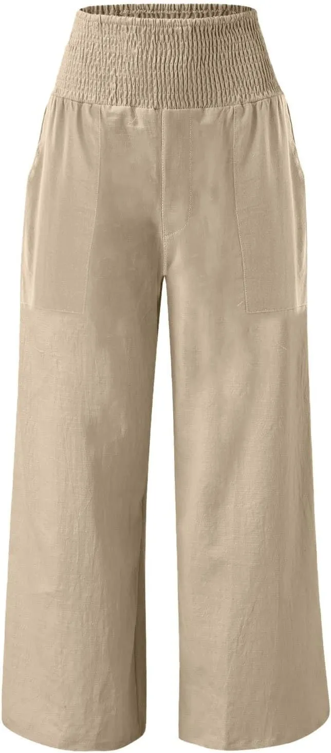 Women Palazzo Linen Pants Smocked High Waisted Wide Leg Pants Casual Summer Beach Pants Lounge Trousers with Pockets
