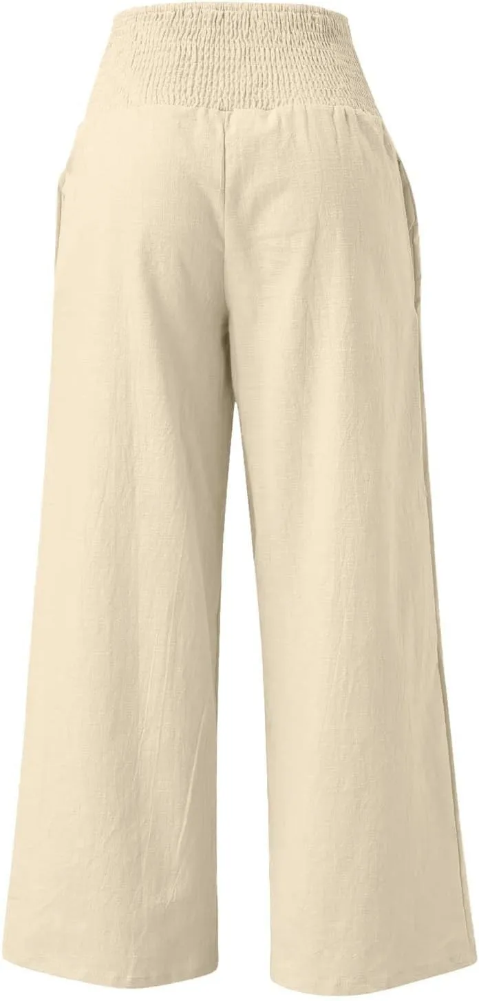 Women Palazzo Linen Pants Smocked High Waisted Wide Leg Pants Casual Summer Beach Pants Lounge Trousers with Pockets
