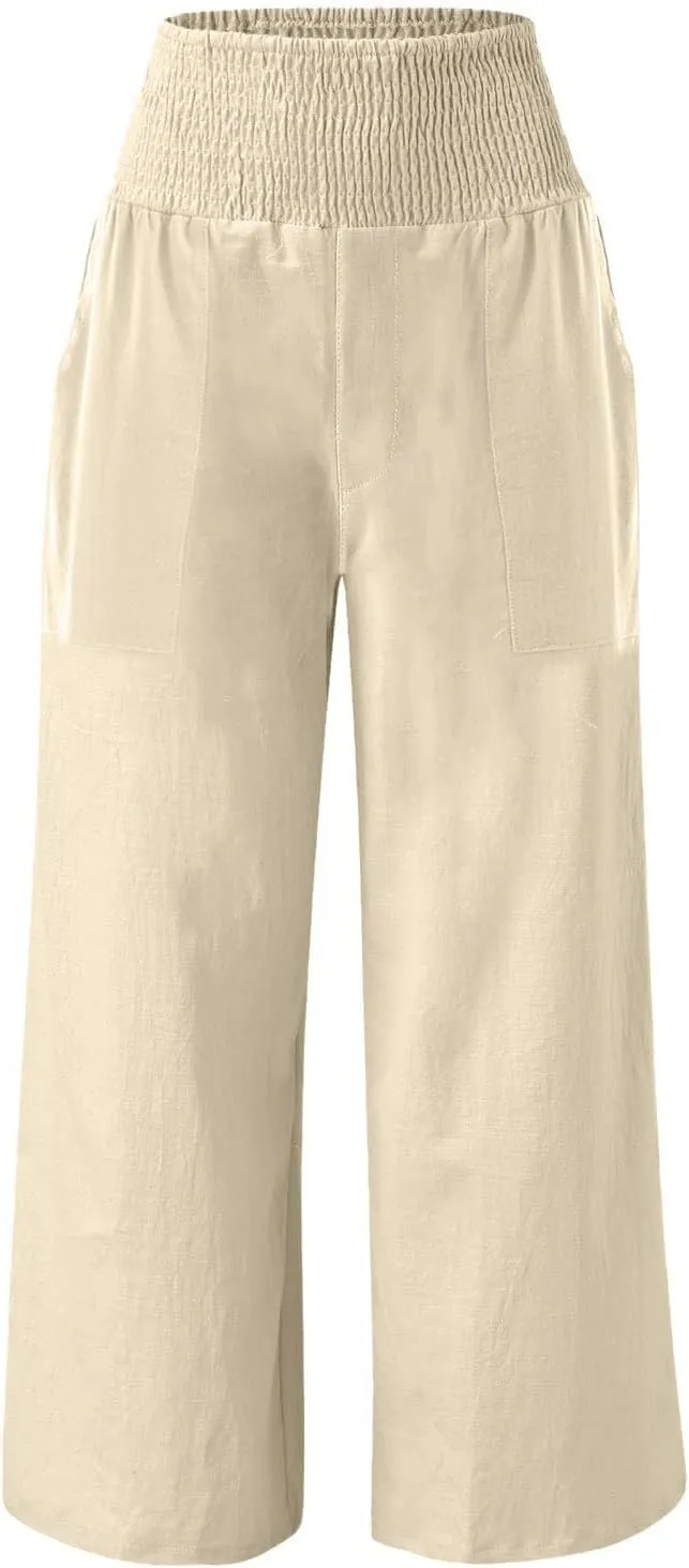 Women Palazzo Linen Pants Smocked High Waisted Wide Leg Pants Casual Summer Beach Pants Lounge Trousers with Pockets