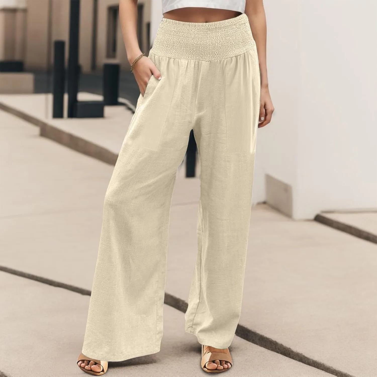 Women Palazzo Linen Pants Smocked High Waisted Wide Leg Pants Casual Summer Beach Pants Lounge Trousers with Pockets