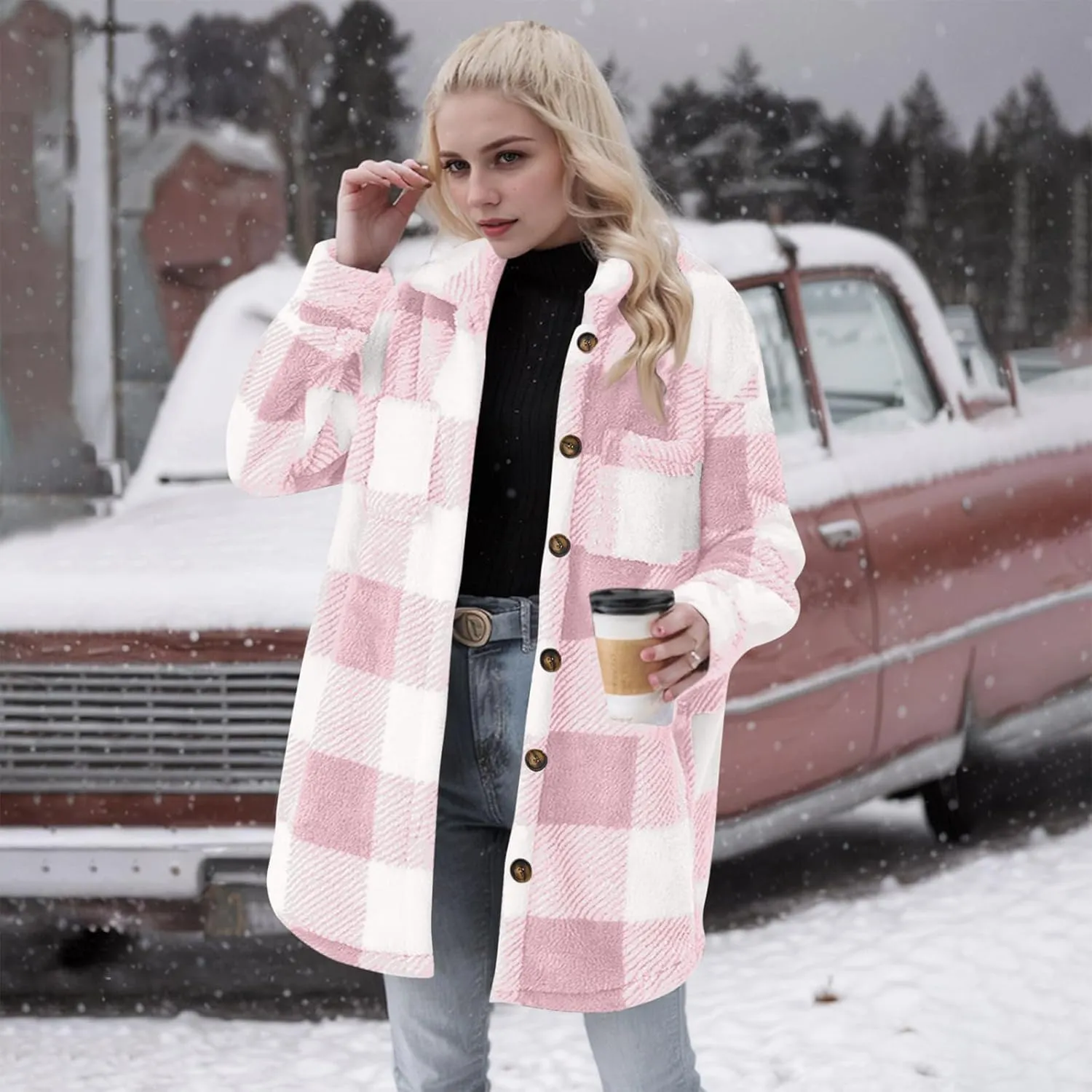 Women Sherpa Jacket Casual Flannel Colorblock Plaid Shacket Long Sleeve Lapel Button Long Fleece Jackets with Pockets