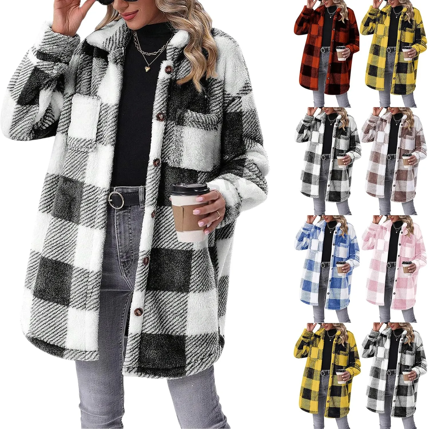 Women Sherpa Jacket Casual Flannel Colorblock Plaid Shacket Long Sleeve Lapel Button Long Fleece Jackets with Pockets