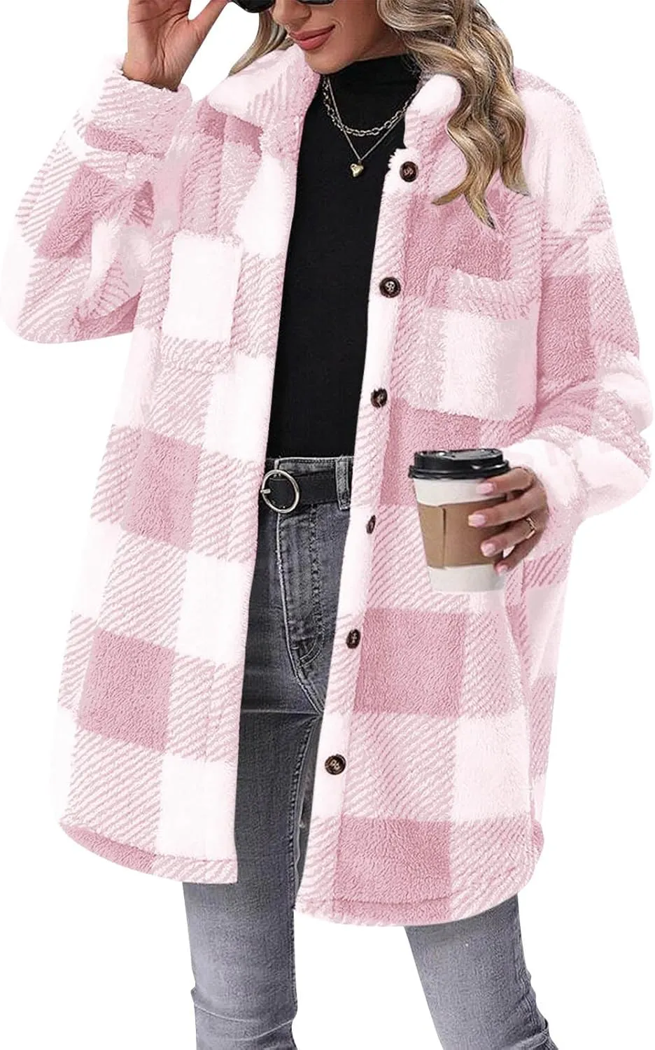 Women Sherpa Jacket Casual Flannel Colorblock Plaid Shacket Long Sleeve Lapel Button Long Fleece Jackets with Pockets
