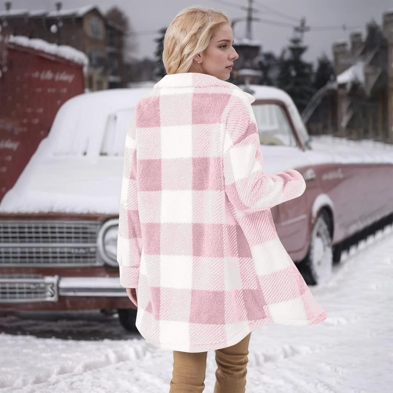Women Sherpa Jacket Casual Flannel Colorblock Plaid Shacket Long Sleeve Lapel Button Long Fleece Jackets with Pockets