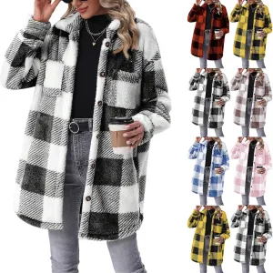 Women Sherpa Jacket Casual Flannel Colorblock Plaid Shacket Long Sleeve Lapel Button Long Fleece Jackets with Pockets