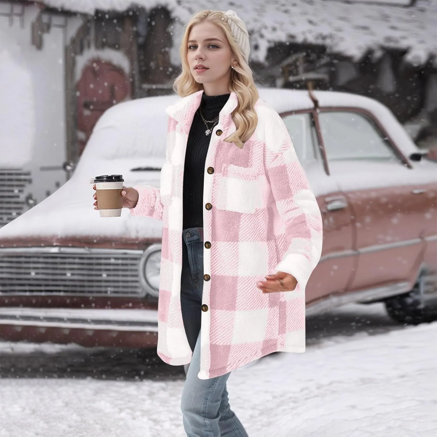 Women Sherpa Jacket Casual Flannel Colorblock Plaid Shacket Long Sleeve Lapel Button Long Fleece Jackets with Pockets