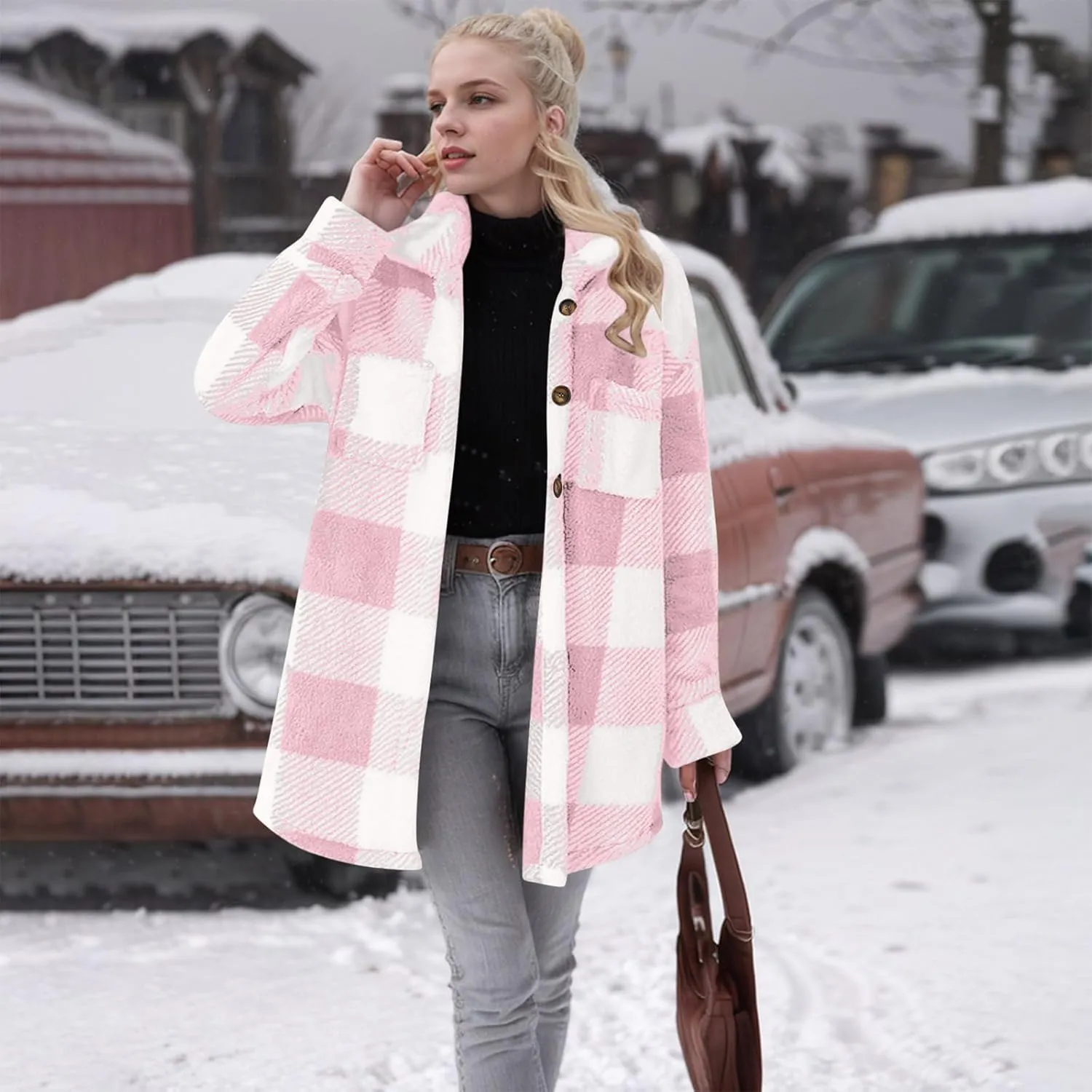 Women Sherpa Jacket Casual Flannel Colorblock Plaid Shacket Long Sleeve Lapel Button Long Fleece Jackets with Pockets