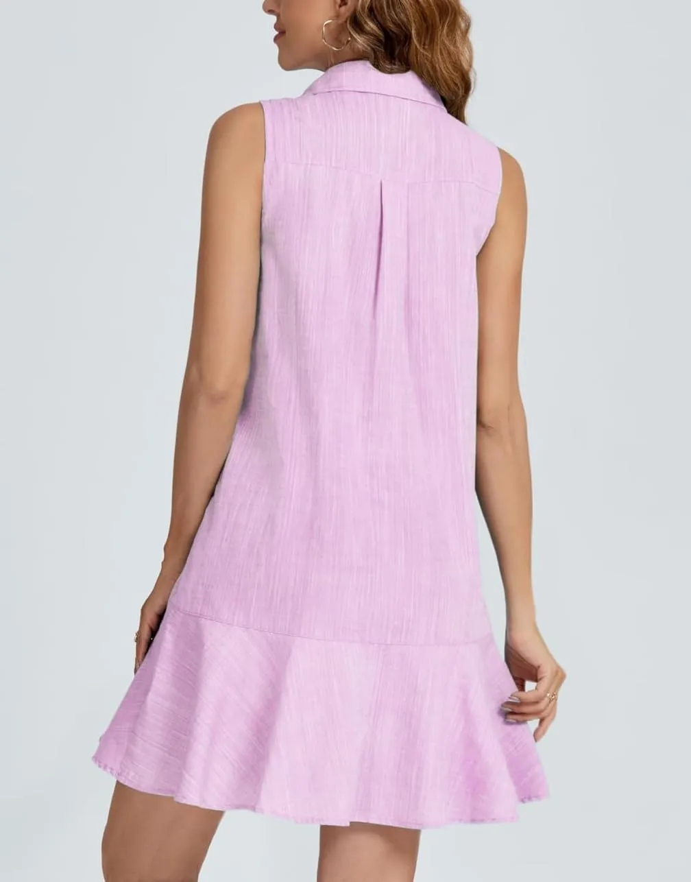 Women Sleeveless Mini Dress Button Down Shirt Dress V Neck Reffle Hem Cotton Linen Tunic Short Dress