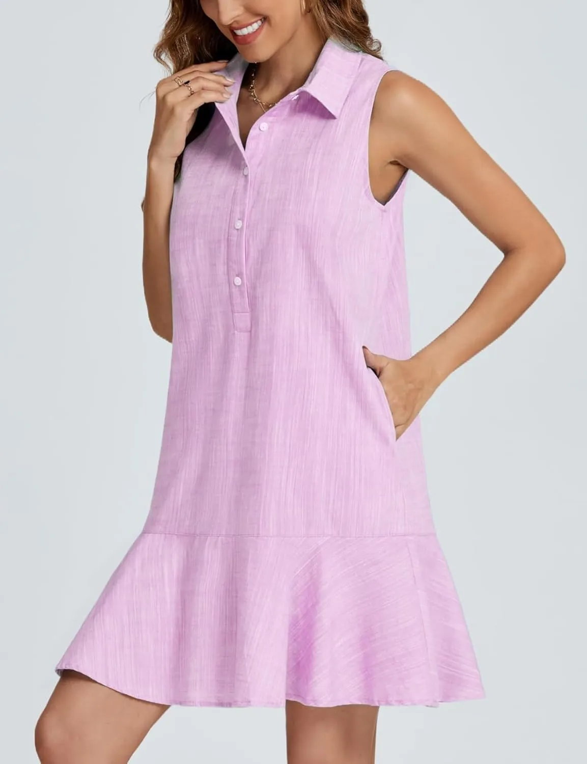 Women Sleeveless Mini Dress Button Down Shirt Dress V Neck Reffle Hem Cotton Linen Tunic Short Dress