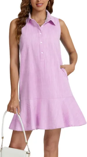 Women Sleeveless Mini Dress Button Down Shirt Dress V Neck Reffle Hem Cotton Linen Tunic Short Dress