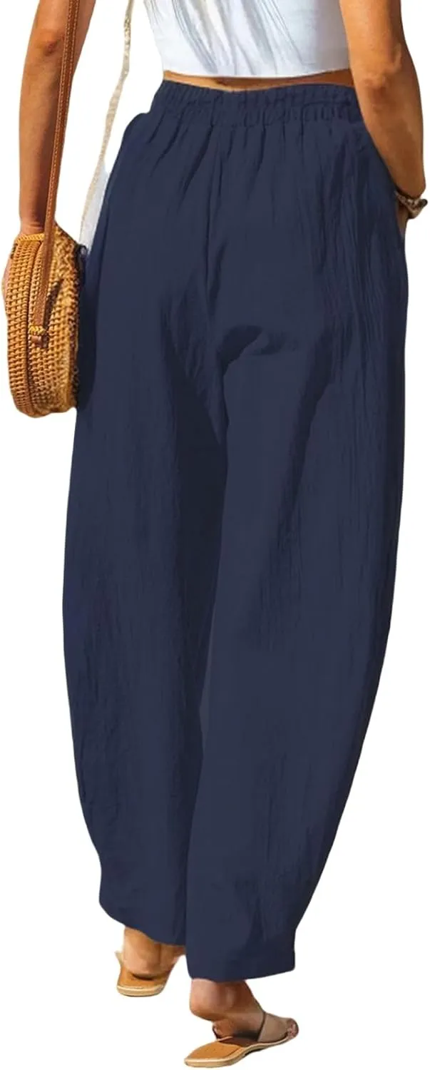 Women Summer Beach Vacation Pants Wide Leg Linen Elastic Waist Loose Palazzo Flowy Trousers with Pocket